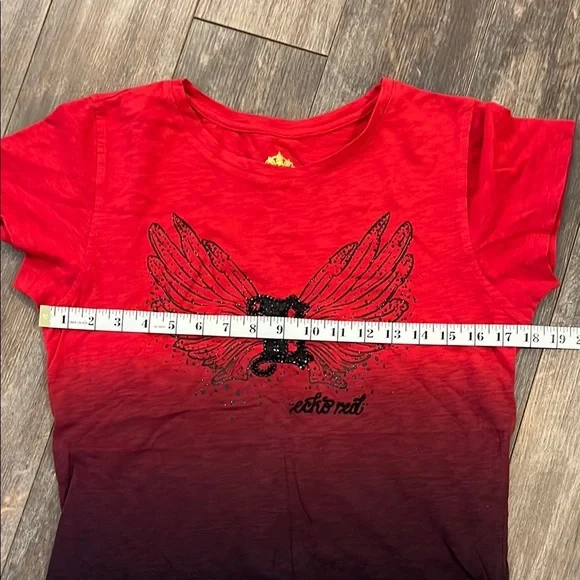 Red Black Short Sleeve T-Shirt Graphic Fitted Top - Picture 6 of 11